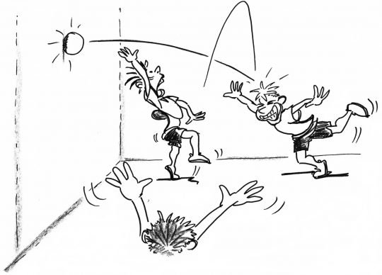 Disegno: tre giocatori colpiscono una palla con la testa e la lanciano contro il muro