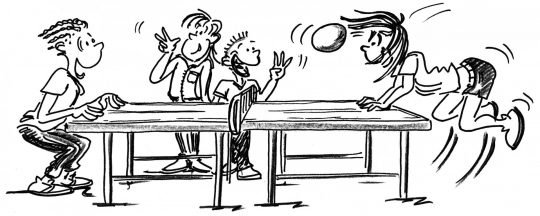 Dessin: deux joueurs jouent au headis sur une table de ping-pong.