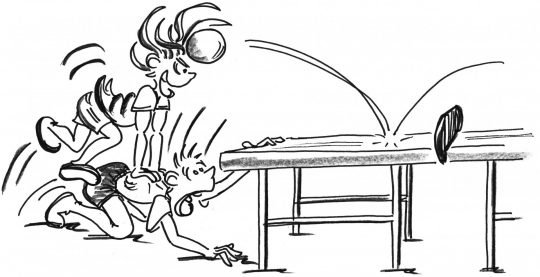 Dessin: deux joueurs jouent au headis sur une table de ping-pong.