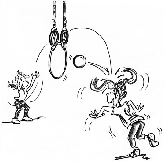 Disegno: due giocatori colpiscono una palla con la testa e la fanno passare attraverso un cerchio appeso a due anelli