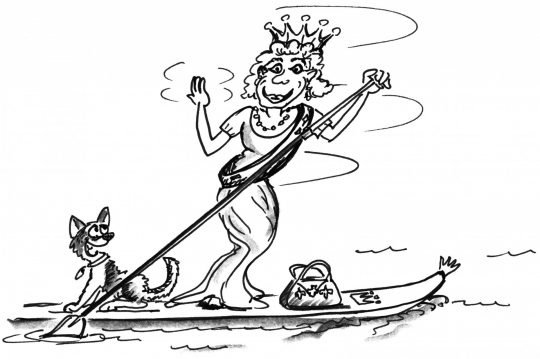 Comic: Eine Königin auf dem Brett stolziert über das Wasser und grüsst rundherum.