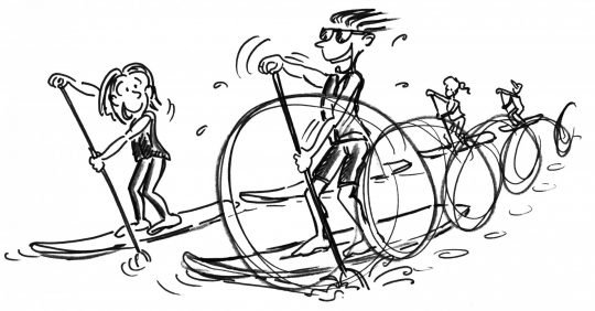 Comic: Zwei Paddler in einer Reihe werden von einem Kameraden überholt.