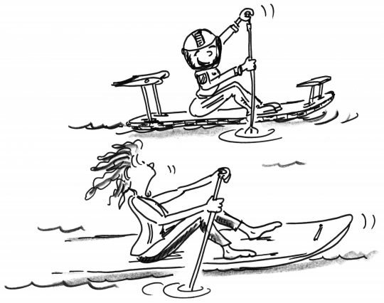 Comic: Zwei Paddler, von denen einer als Rennfahrer gekleidet ist, paddeln auf dem Brett sitzend vorwärts.