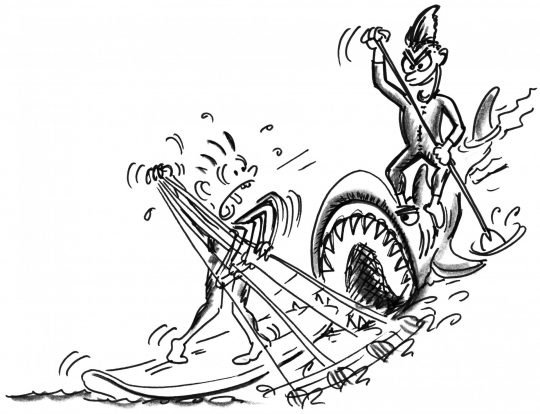 Zeichnung: Ein Paddler auf einem Brett, das wie ein Hai aussieht, verfolgt sein Opfer.