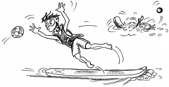 Comic: Ein Paddler springt von seinem Brett, um einen Ball zu fangen.