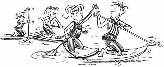 Comic: Vier Paddler in einer Reihe, der vordere Teil ihres Boards liegt auf dem hinteren Teil des Boards ihres Kameraden vor ihnen.