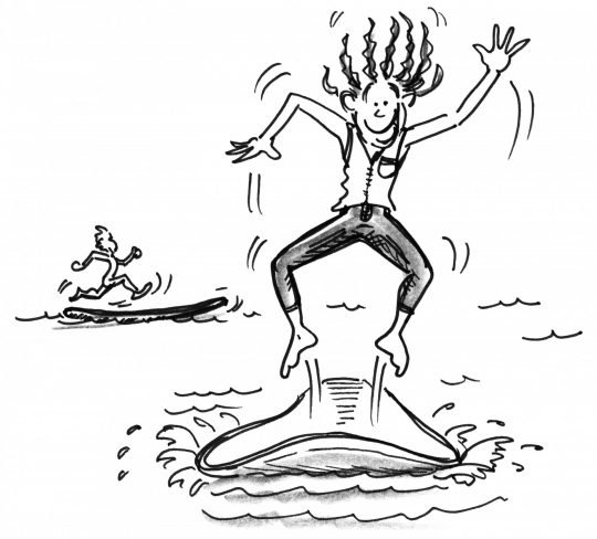 Comic: Ein Mädchen hüpft auf ihrem Brett und ein Junge läuft auf seinem Brett.
