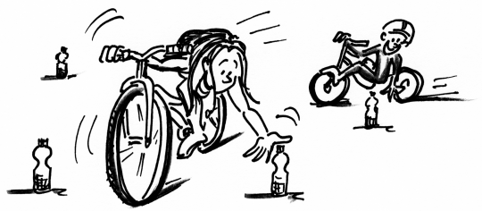 Dessin: des enfants ramassent des bouteilles à vélo.