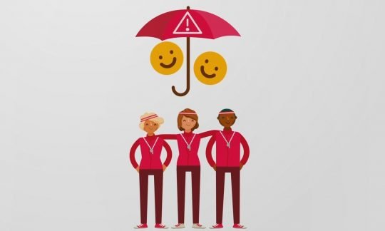comic: drei leiterpersonen stehen unter einem regenschirm, der sie schützt.