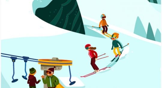 Comic: Skifahrende fahren auf einen Skilift zu, Skiliftangestellter schwatzt mit Frau.