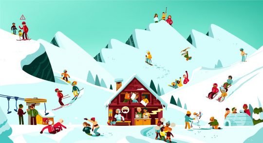 Dessin: Illustration d'un camp de ski avec un chalet et des enfants qui pratiquent différentes activités dans la neige.