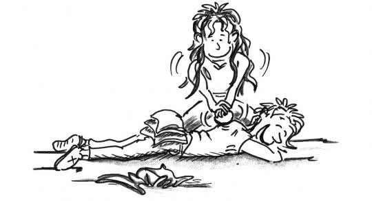 Dessin: Une fille effectue des massages avec une balle sur le dos d'un camarade.
