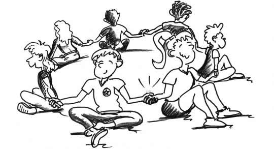 Dessin: les enfants sont assis en cercle et se donnent la main.