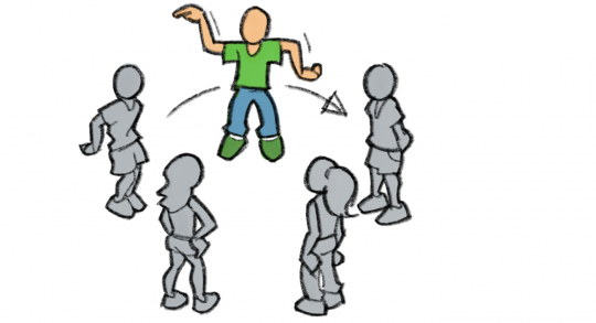 Dessin: cinq élèves forment un cercle; l'un d'entre eux montre un mouvement à effectuer.