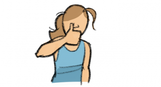 Dessin: une élève pose son pouce sur une narine.
