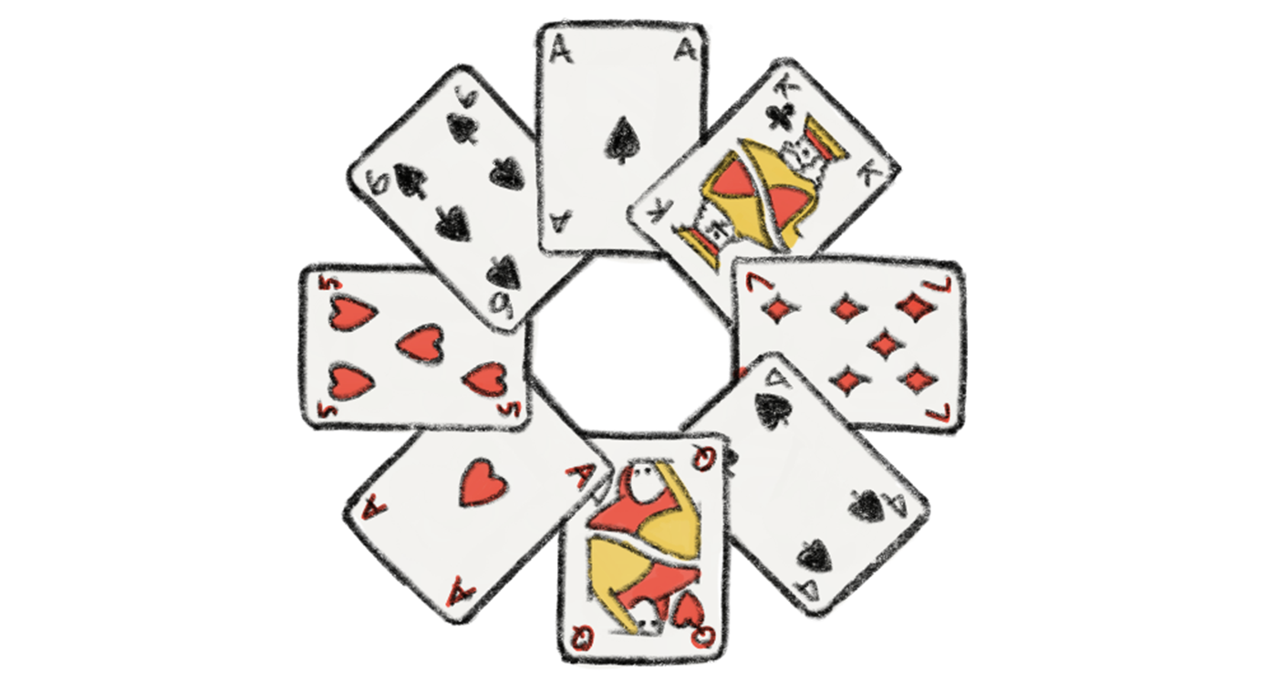 Acht Pokerkarten im Kreis angeordnet.