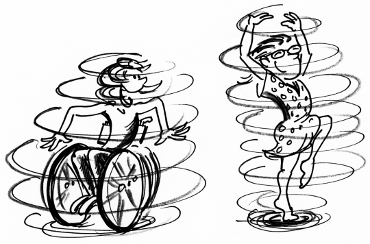 Comic: Zwei KInder machen Rotationen, eins davon sitzt im Rollstuhl.