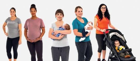 Foto di cinque donne a partire dalla gravidanza fin dopo il parto