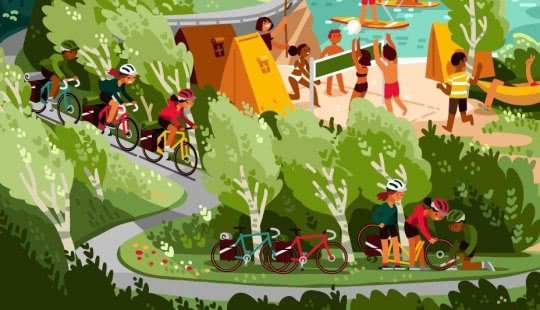 Wimmelbild mit Fokus auf Radfahrerinnen und Radfahrer.