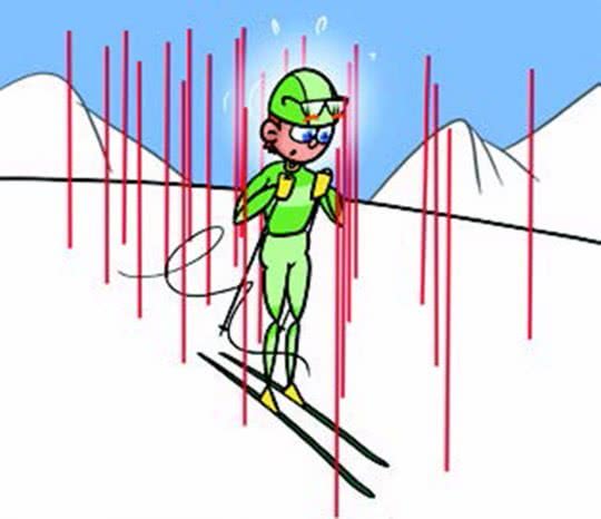 Dessin: un skieur cherche son chemin parmi une forêt de piquets.