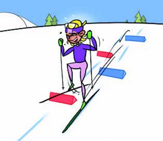 Dessin: une skieuse franchit et saute des obstacles.