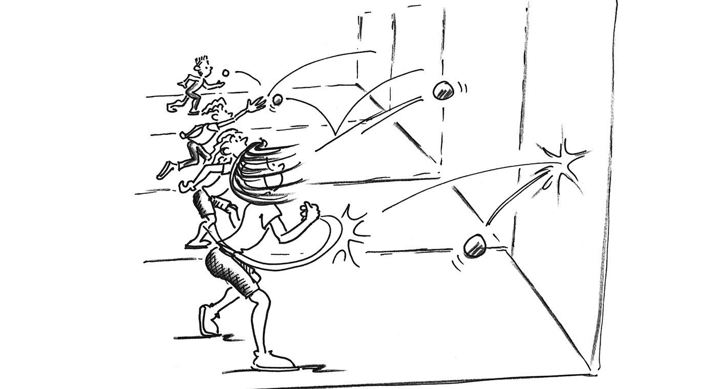 Dessin: Des joueurs lancent une balle contre le mur.