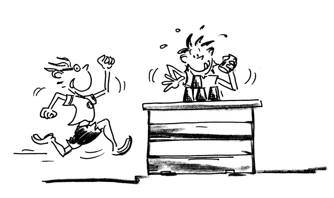 Comic: Eine Person rennt, die andere stapelt Becher auf einem Schwedenkasten.