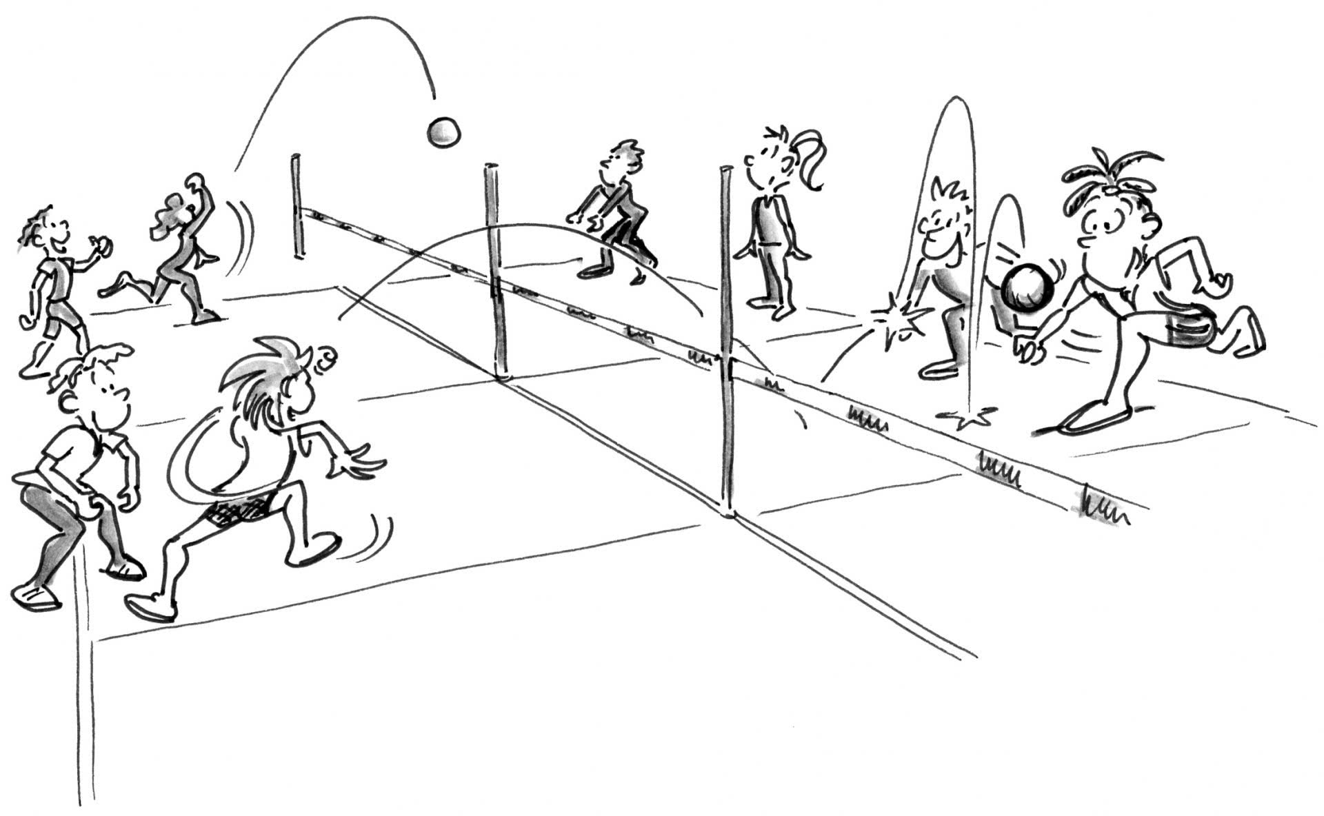 Comic: 2 Spielfelder mit Schülerinnen und Schülern, beim Fausballspiel zwei gegen zwei.