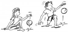 Dessin: deux enfants dribblent un ballon.