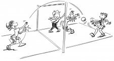 Dessin: un joueur lancent un ballon par-dessus le filet dans le camp opposé défendu par trois adversaires.
