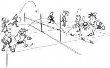 Comic:  Auf zwei Feldern spielen acht Kinder Faustball zwei gegen zwei.