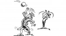 Dessin: un joueur déguisé en roi frappe un ballon par-dessus la tête.
