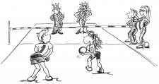 Dessin: trois équipes de deux joueurs  s'opposent dans ce jeu.