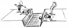 Dessin: deux équipes de deux joueurs s'affrontent sur un terrain avec une fosse au milieu.