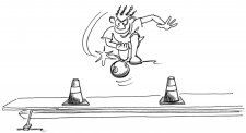Dessin: un joueur vise deux cônes lacés sur un banc suédois.
