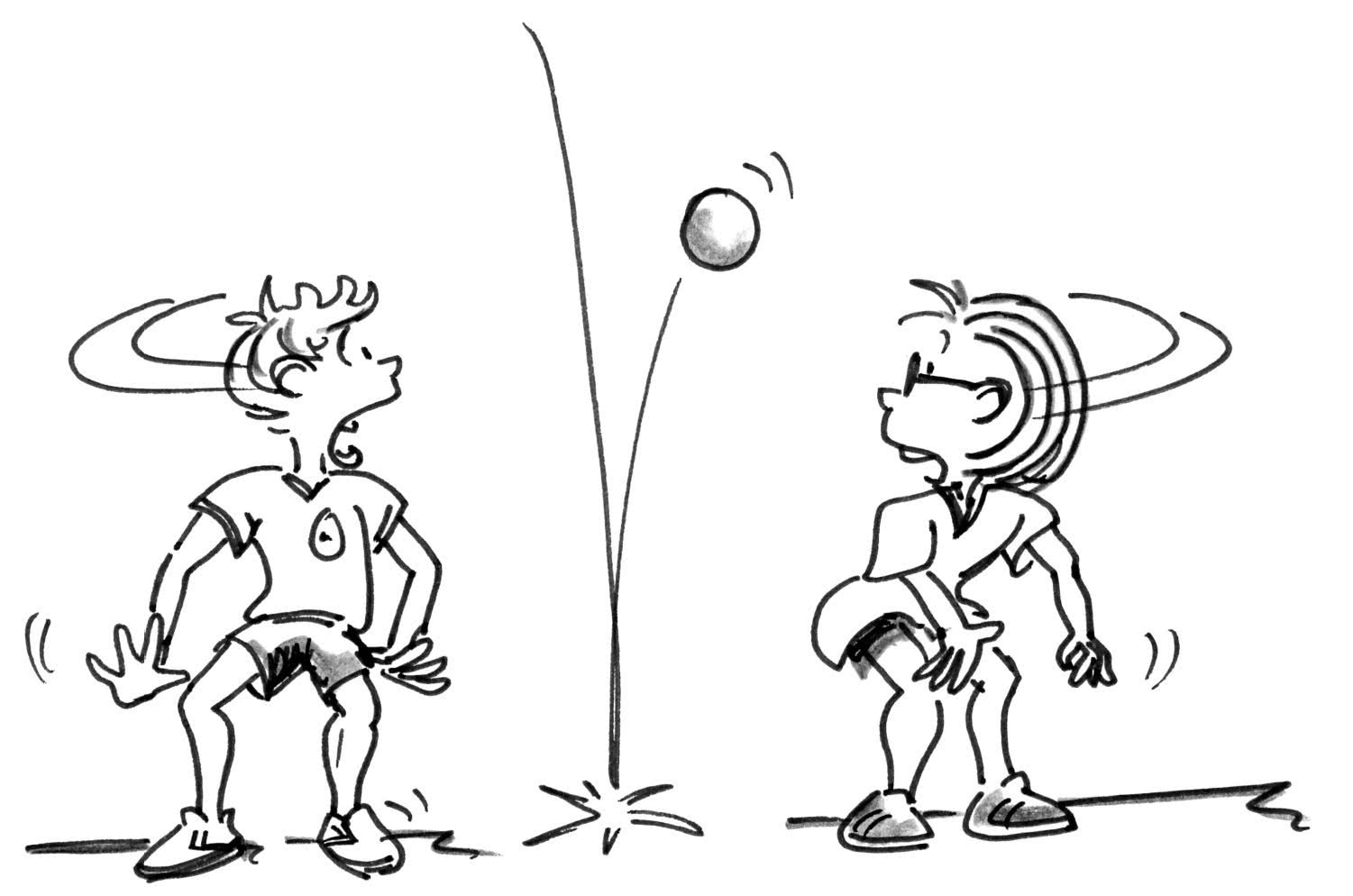 Comic: Zwei Schüler nebeneinander, ein Ball prellt zwischen ihnen am Boden.