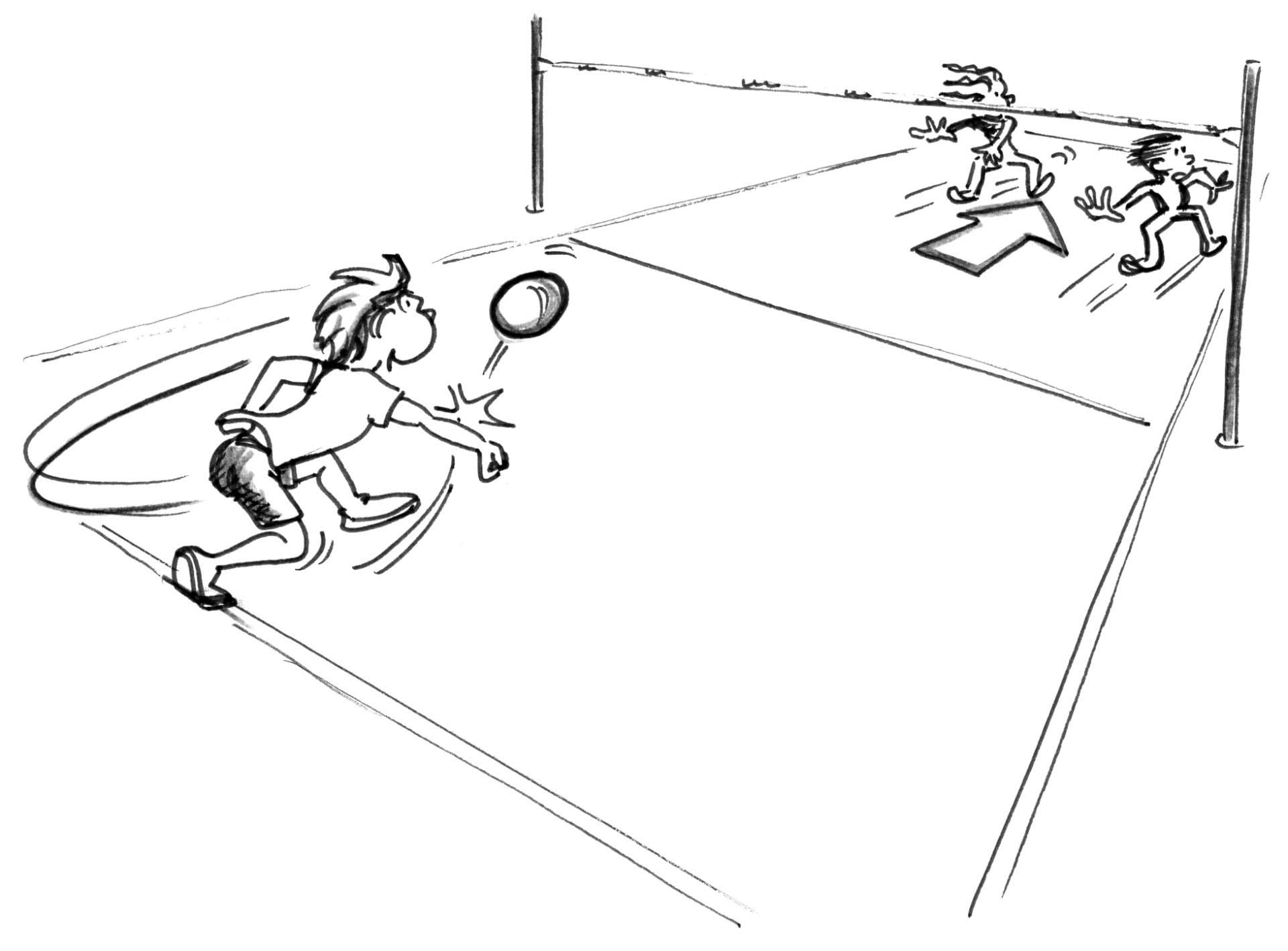 DessIn: un joueur renvoie le ballon dans le camp opposé où se trouvent deux adversaires.