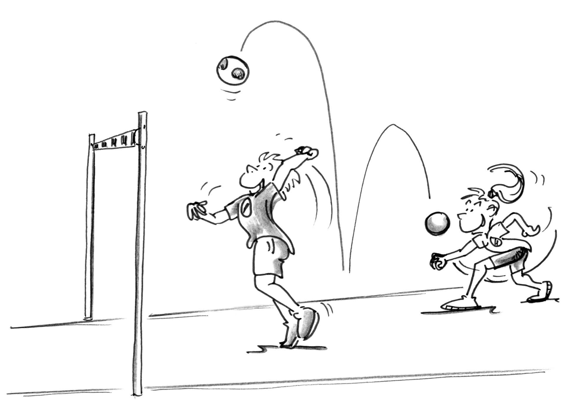 Dessin: un joueur s'apprête à frapper un ballon après une passe d'un coéquipier.