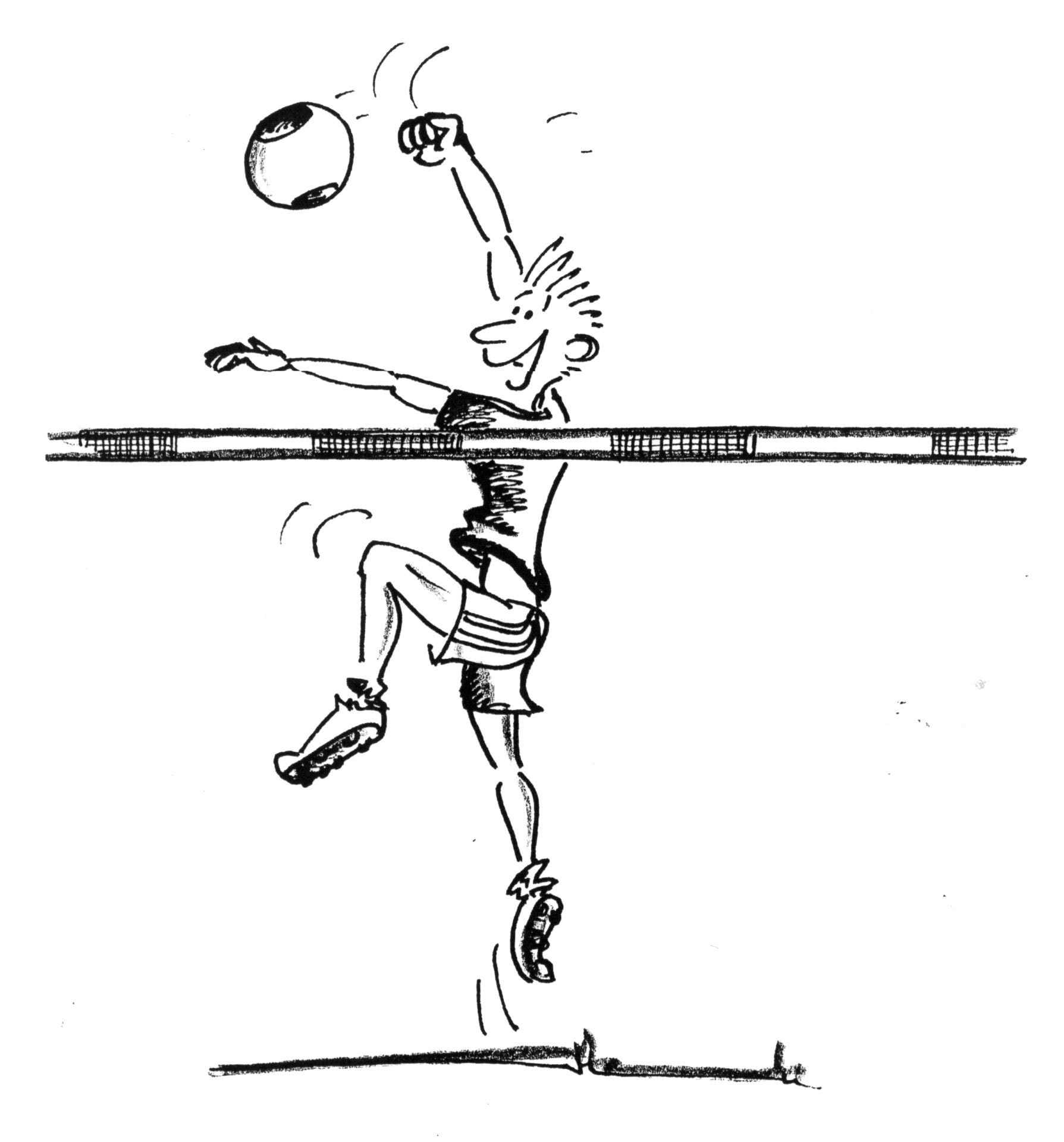 Dessin: un joueur frappe un ballon par-dessus la corde.