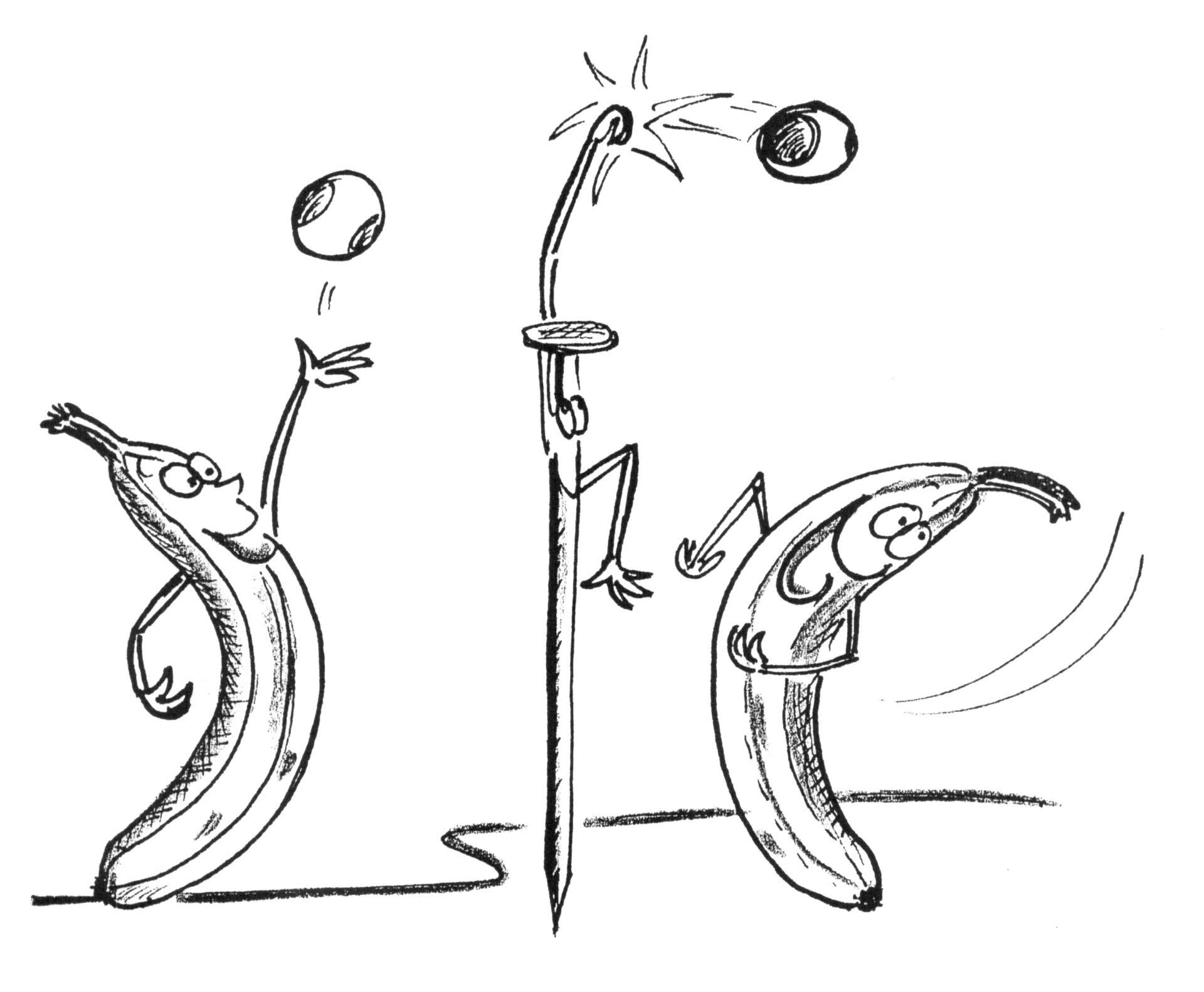 Dessin: deux joueurs déguisés en banane se renvoient deux ballon par-dessus un filet.