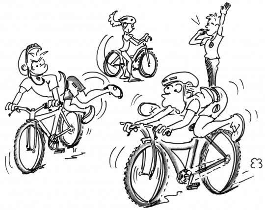 Dessin: des enfants descendent de leur vélo au signal de l'enseignant.