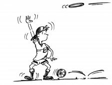 Dessin: un joueur rattrape un frisbee de la main et bloque un ballon de football avec le pied.