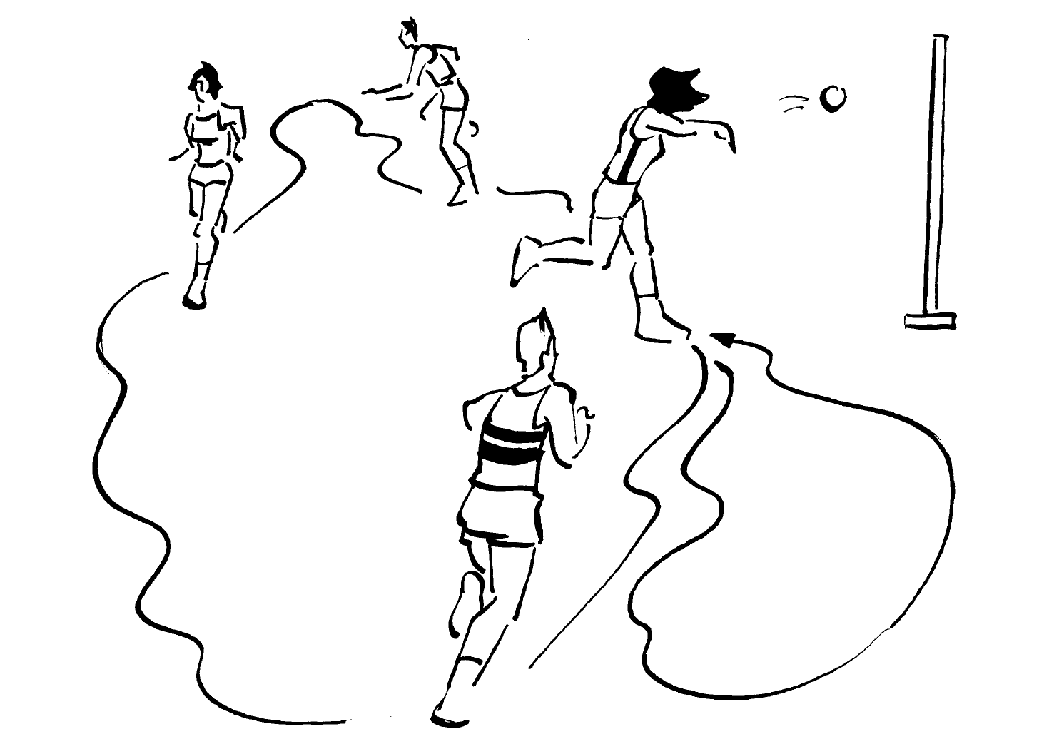 Zeichnungen: Jugendliche laufen im Kreis.