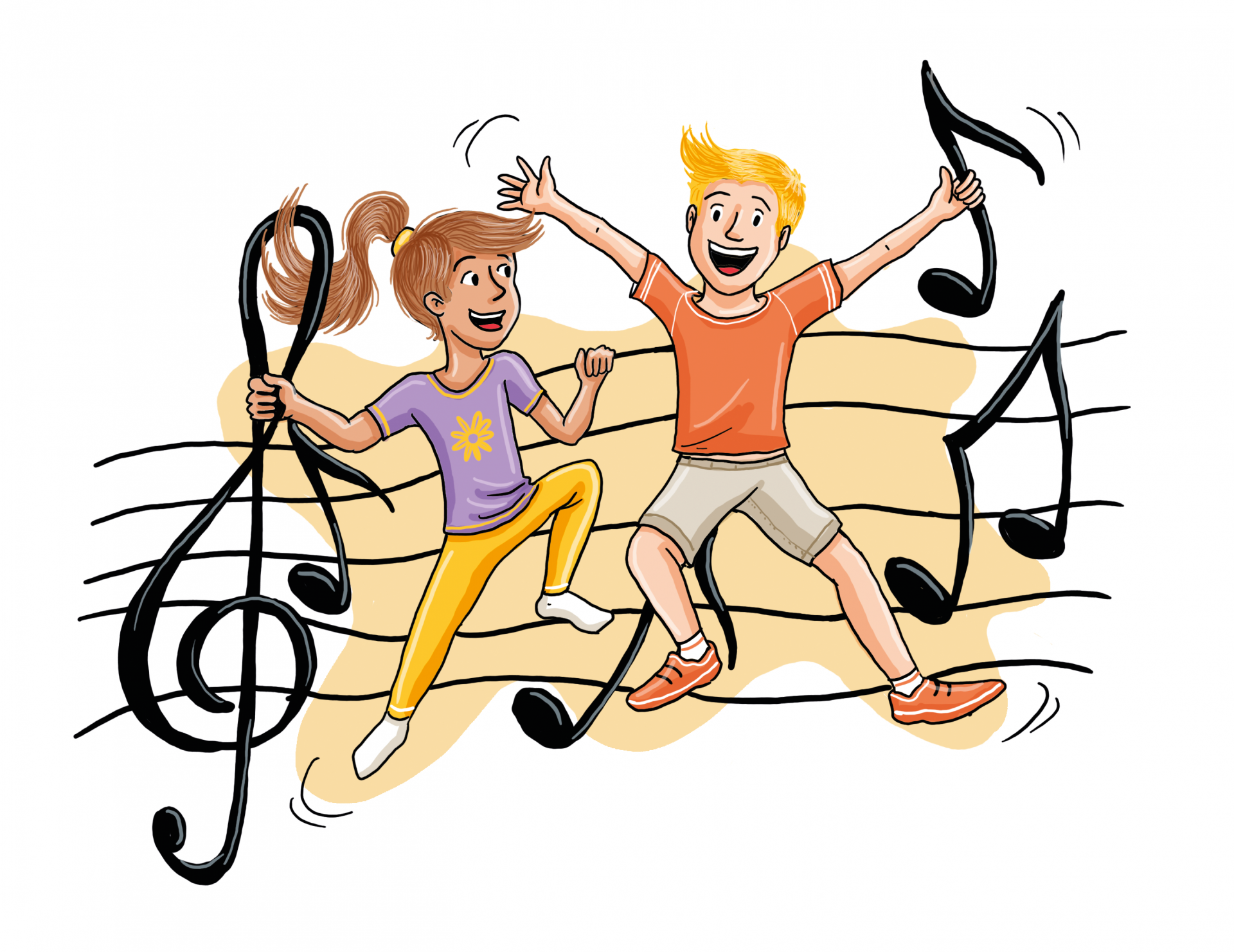 Zeichnung: Zwei Kinder bewegen sich zu Musik.