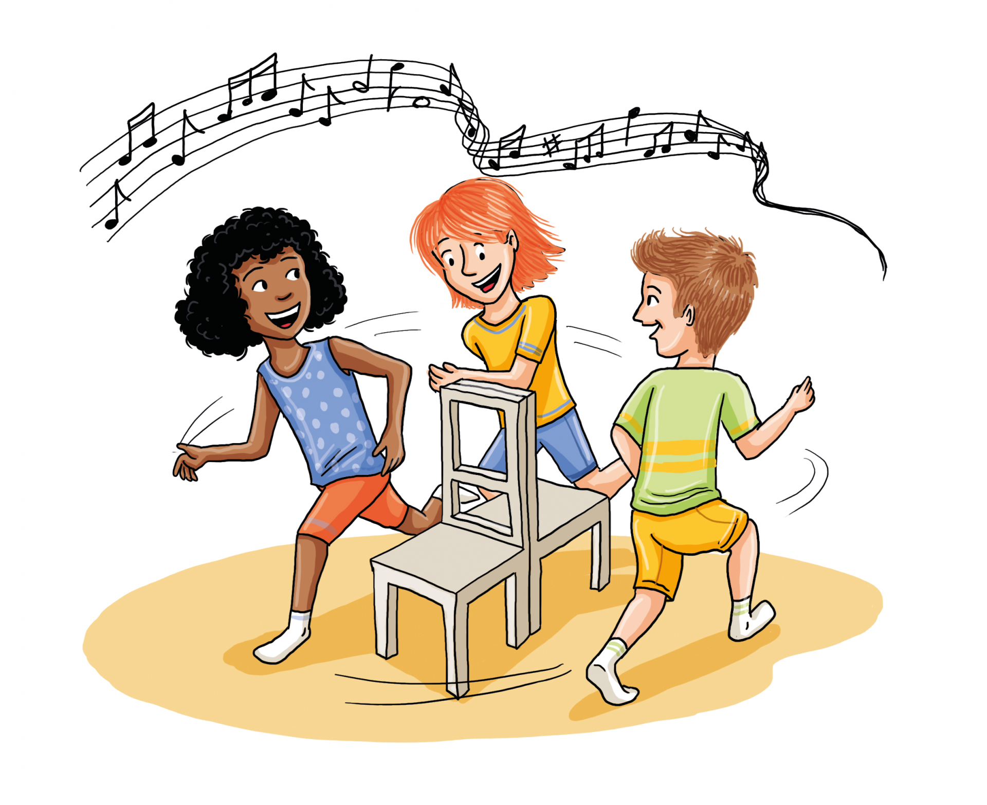 Zeichnung: Drei Kinder rennen um zwei Stühle. 