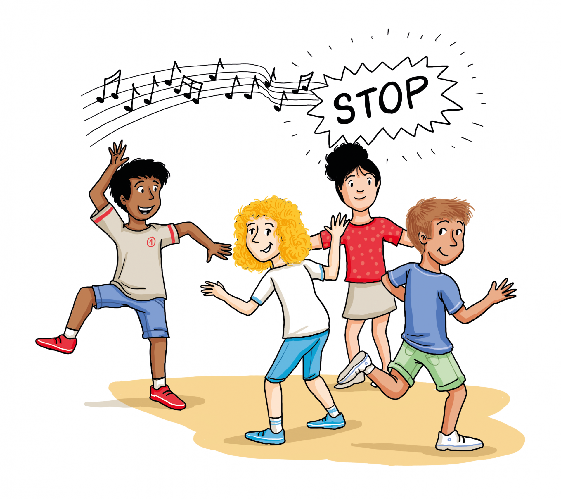 Zeichnung: Vier Kinder bewegen sich zu Musik. 