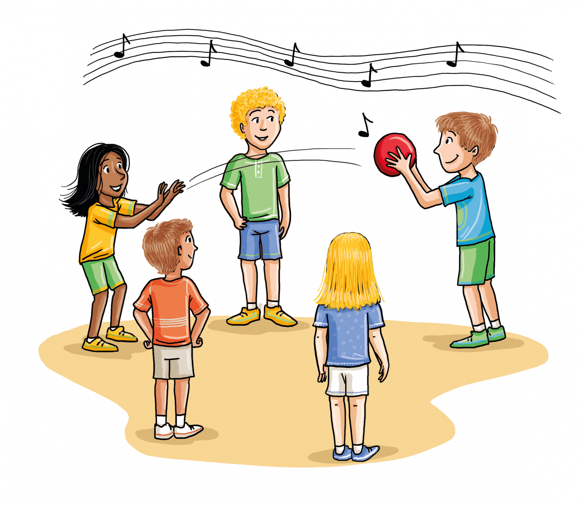 Zeichnung: Fünf Kinder im Kreis passen sich einen Ball zu Musik zu.