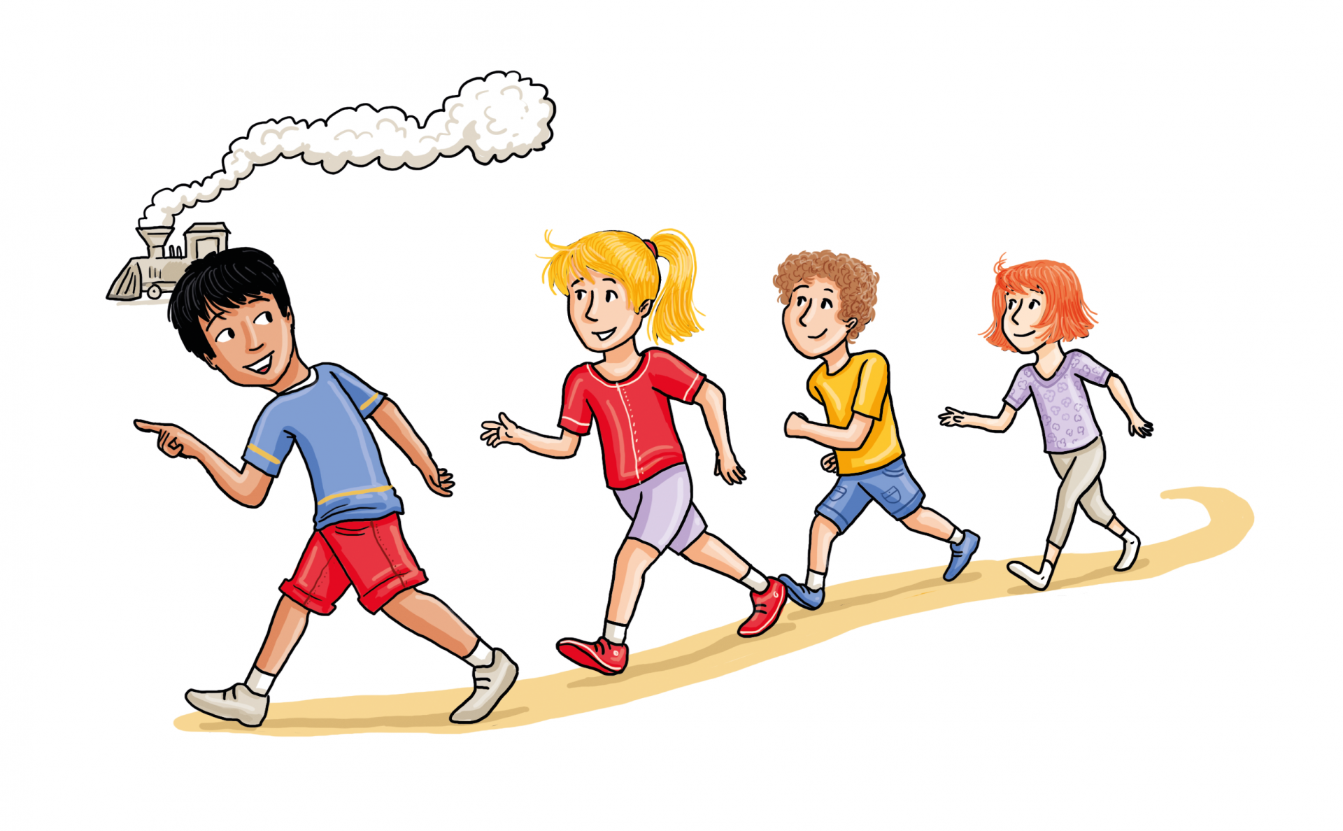 Zeichnung: Ein Gruppe Kinder bewegt sich in einer Reihe.