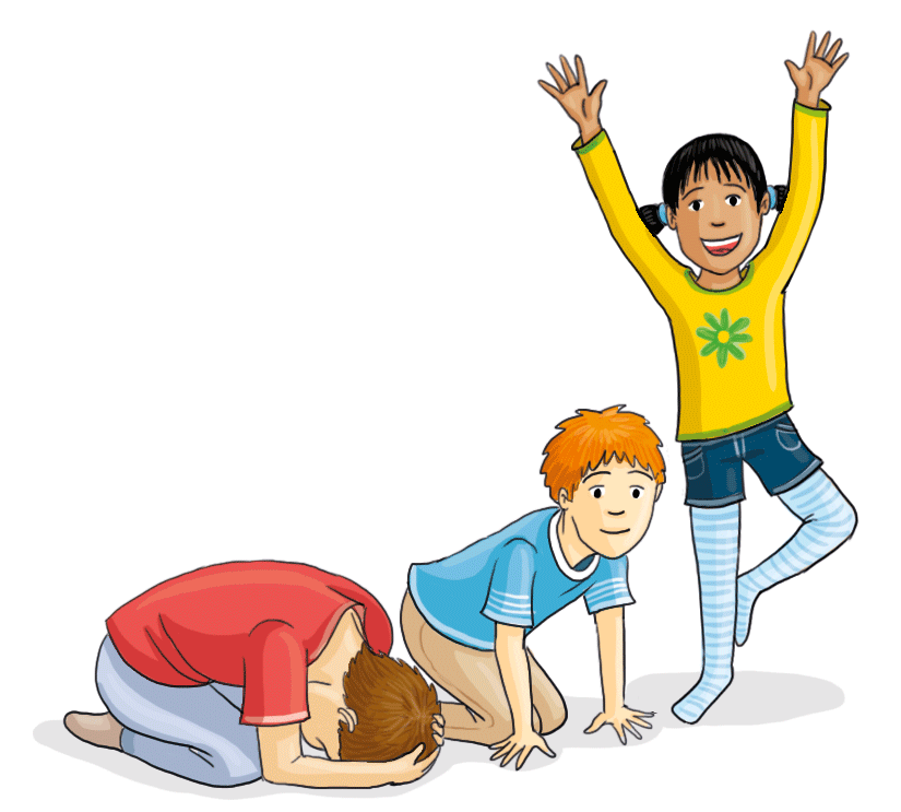 Zeichnung: Ein Kind in der Päckli-Position, eines kniet, das andere steht auf einem Bein und streckt die Hände in die Höhe.