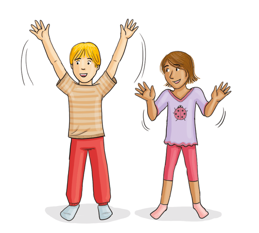 Zeichnung: Ein Kind streckt die Hände in die Höhe, ein anderes winkt mit beiden Händen.